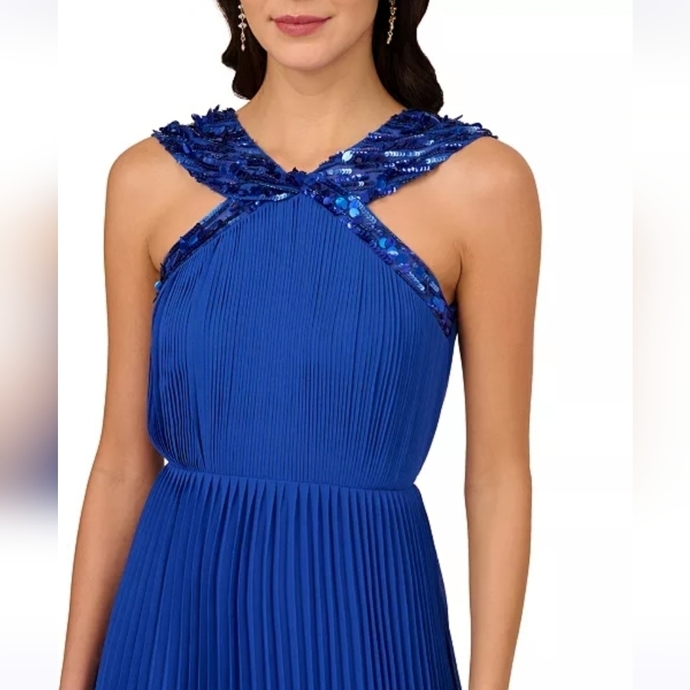 NWT Adrianna Papell Pleated Chiffon Sequin Halter Dress Brilliant Sapphire Sz 8 - Picture 3 of 15